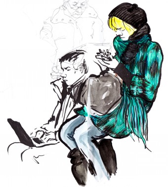 green coat and shawl
