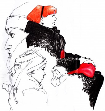 orange hair black coat red bag