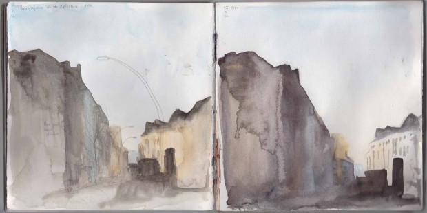 Boxhagener Str. twice. The view on the left was done on location, the one on the right is a copy I made of the first one when I was at home again, taking into account what I didn't like about the first one.