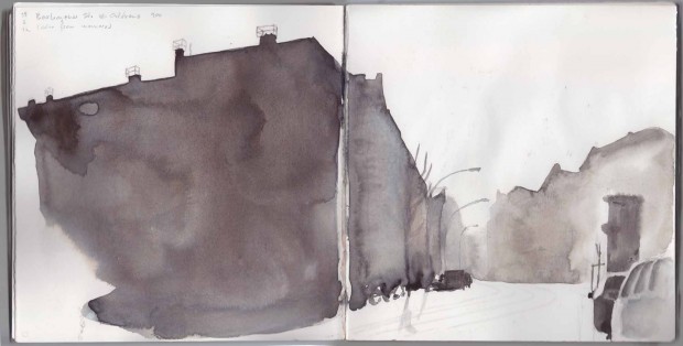 Boxhagener Str., pencil on location, colors/washes put in from memory at home.