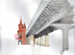 5 June, attempt at exact architectural rendering, watercolor over pencil. Gave up on the level of detail of the steel structure.