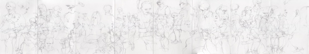 People on Public Transport (110 x 20 cm, approx. 1 month of living in London or 1500 €, paper on stretched canvas, framed in a white wood frame without glass). Do click through to the large view (2 clicks from here) to have a look at this in detail...